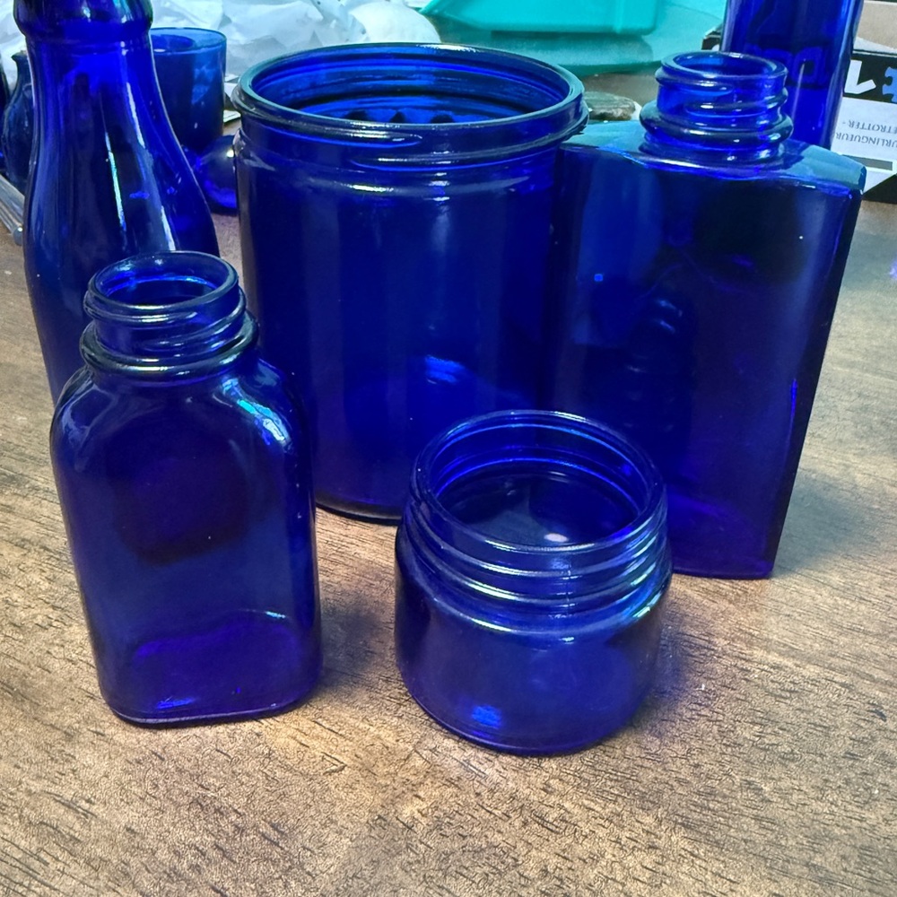Vintage Blue Glass Medicine Bottle Set